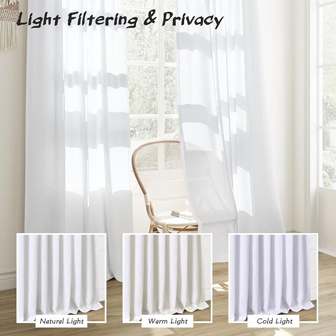 Joywell White Linen Curtains 96 Inches Long Pleated Back Tab Semi Sheer Window Covering Light Airy Privacy Panels for Bedroom Living Room Aesthetic Sheer Boho Curtains 52x96 Inch Length Set of 2