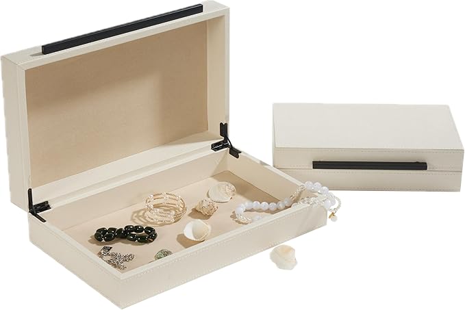 Set of 2 White Faux Leather Decorative Boxes With Black Metal Handles，Faux Leather Jewelry Boxes Storgage Boxes Organizer Box For All Occasions White Home Decor (Peal White- Black, 2pack)