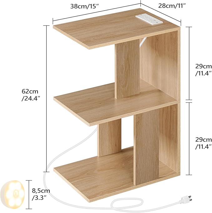 MAHANCRIS Modern End Table with Charging Station, Narrow Side Table for Small Spaces with 2 Open Storage Shelf, Narrow Nightstand with Light, Thin Bedside Table for Living Room, Natural ETNA18E01