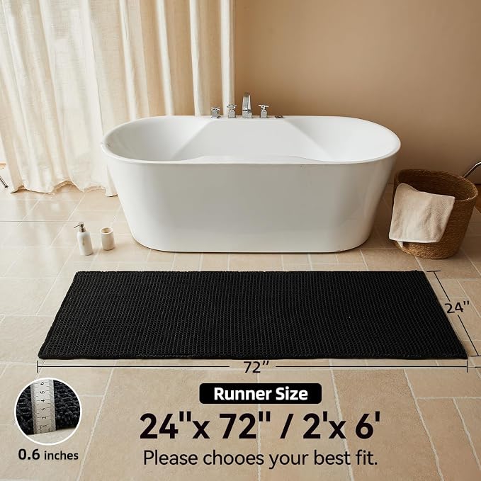 Triohero Waffle Runner Bath Mat - Long Bathroom Rugs Non Slip Washable, Ultra Soft Super Absorbent Quick Dry Boho Farmhouse Bathroom Decor, 24" x 72", Black