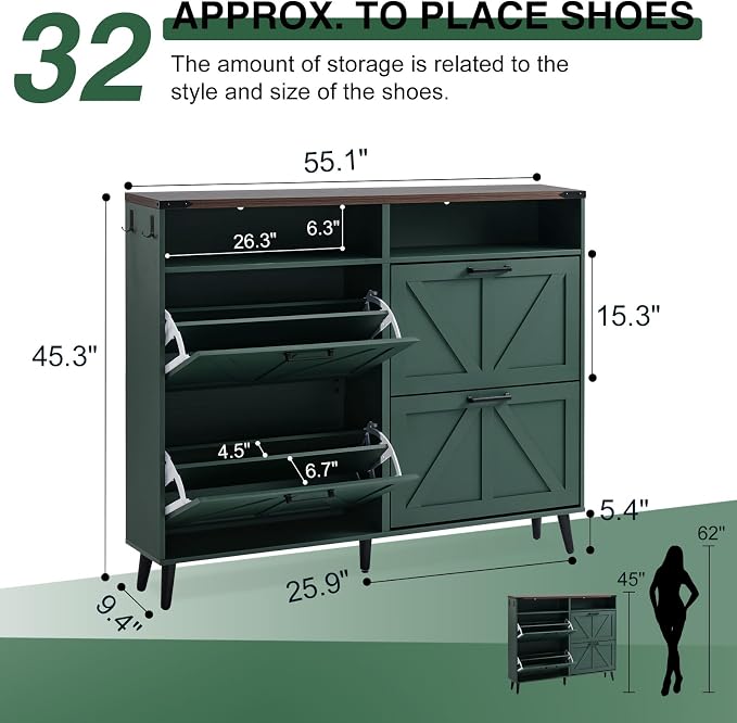 Barnyatoh Shoe Storage Cabinet,Farmhouse Shoes Organizer with 4 Flip Drawers & Barn Door Design,Freestanding Hidden Slim Narrow Shoe Rack Cabinet with Open Storage for Entryway, Foyer,Hallway,Green