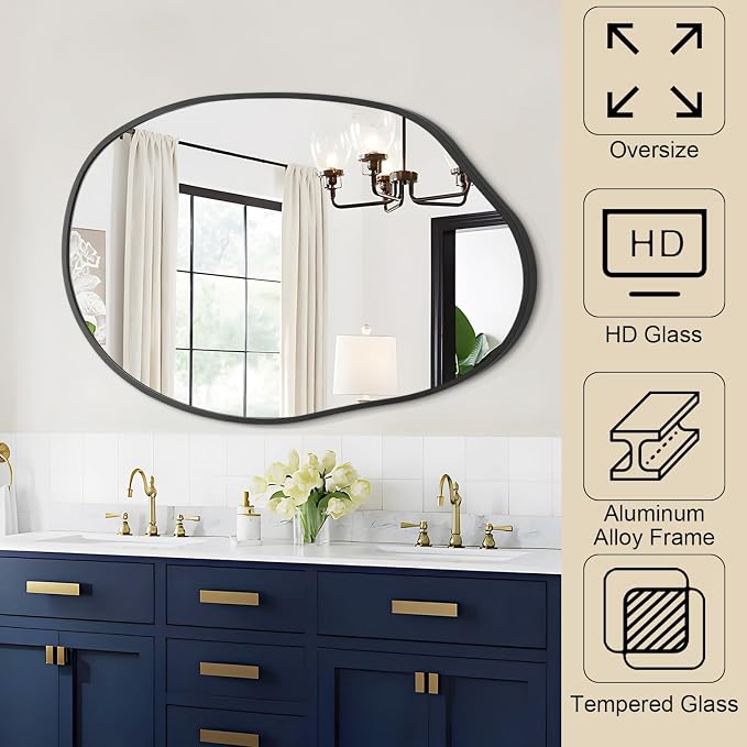 Large Irregular Wall Mirror Black Asymmetrical Bathroom Mirror Modern Decorative 26"x37.5" Aluminum Alloy Frame for Bathroom, Living Room, Entryway, Bedroom