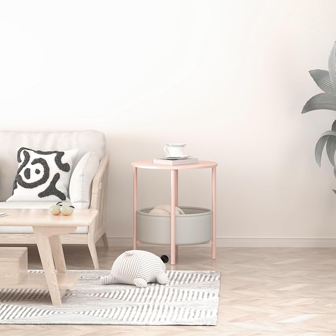 DGSANDGO Round End Table with Fabric Basket, Bedside Table with Storage, Morden Round Nightstand, Samll Side Table for Living Room，Bathroom，Bedroom, Nursery, Laundry, Pink