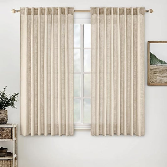 MIULEE Light Taupe Linen Curtains 63 Inch Length 2 Panels for Bedroom Living Room, Soft Linen Textured Window Drapes Semi Sheer Light Filtering Back Tab Rod Pocket Farmhouse Modern Burlap Look Decor