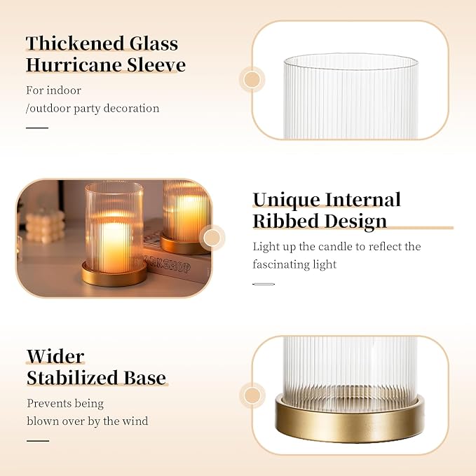 Glasseam Hurricane Glass Candle Holder: Gold Pillar Candle Holders Set of 2 Ribbed Glass Cylinder Covers with Metal Candle Tray Modern Candle Holders for Table Centerpiece Living Room Decorations