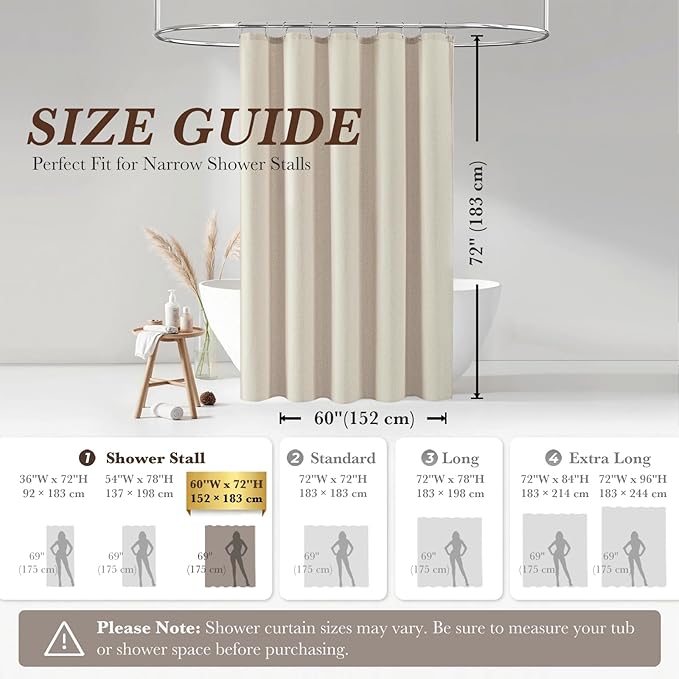 Seasonwood Linen Shower Curtain Neutral Vintage Farmhouse Linen Shower Curtains for Bathroom Boho Bathroom Decor with 12 Sturdy Stainless Steel Sliding Hangers(Beige,60x72 Inches)