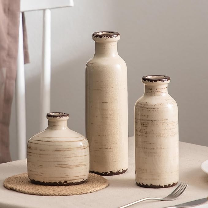 Ceramic Vase Set of 3 White - Ice Creak Bud Vases Set for Flower Centerpieces Decor - Vintage Samll Vase for Pampas Grass - Modern Decoration for Home Farmhouse Table Office, Mini Vase by Lyeec