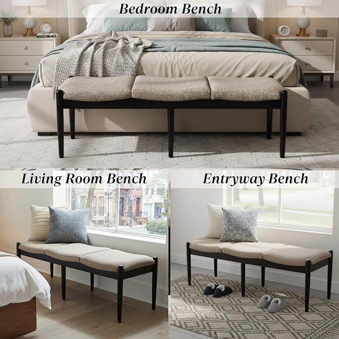 Ya-Home Modern Bedroom Ottoman Bench, 54.25” Linen Upholstered End of Bed Bench, Long Seating Entryway Bench Window Bench with Padded Cushion Solid Wood Legs for Living Room/Hallway, Khaki