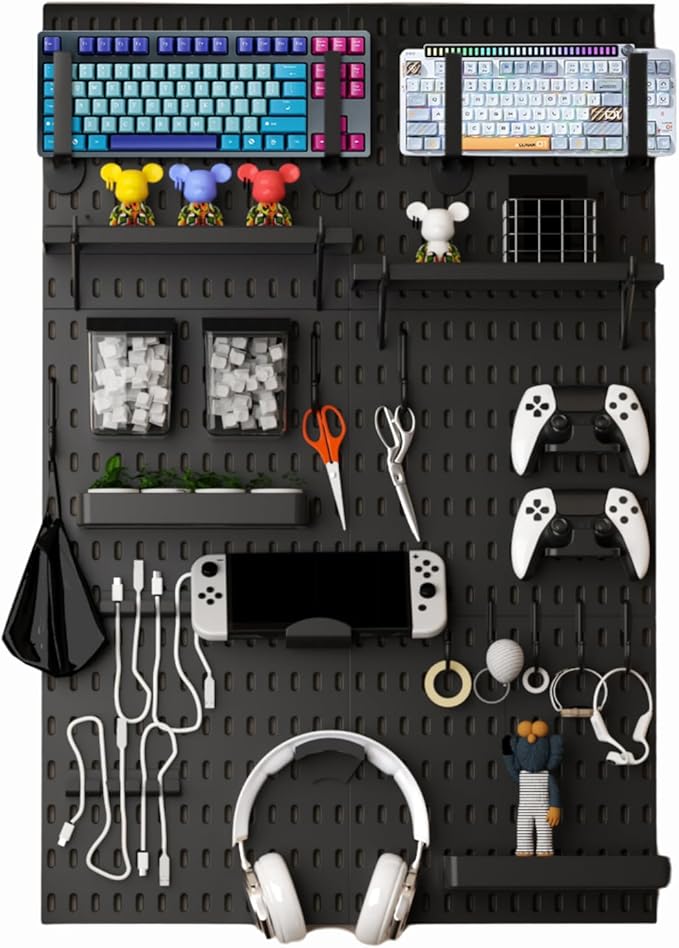 Keepo Peg Board Wall Organizer for Gaming Setup, Pegboard with Adhesives & Screw Mounts, Includes Peg Board Accessories for Gaming Accessories, Tech Storage & Office Organization (Black, 33″×22″)