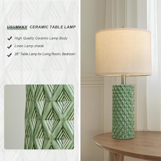 USumkky 26" Tall Table Lamp for Living Room -Green Lamps Set of 2 Modern Ceramic Lamps for Night Stands, Bedside Lamp for End Tables, Nightstand Lamps for Bedroom