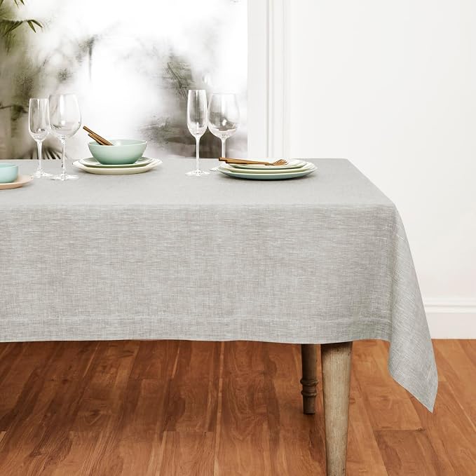 Solino Home Linen Tablecloth 60 x 132 Inch - 100% Pure Linen Oyster Grey Table Cloth for Rectangle Tables - Athena, Machine Washable Tablecloth for Summer