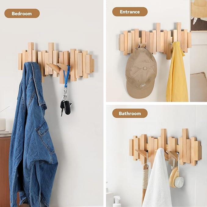 Ufine Wood Wall Mounted Coat Rack with 6 Flip-Down Hooks 16 Inch Wall Hooks for Hanging in Entryway, Bathroom, Home Office