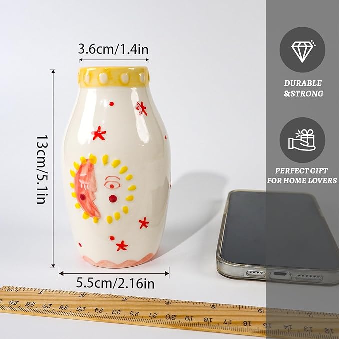 MOUGIGI Unique Ceramic Vase, Cute Boho Decor, Small Cream Vase for Dried Flowers or Single Bud - Sun and Moon Face Design