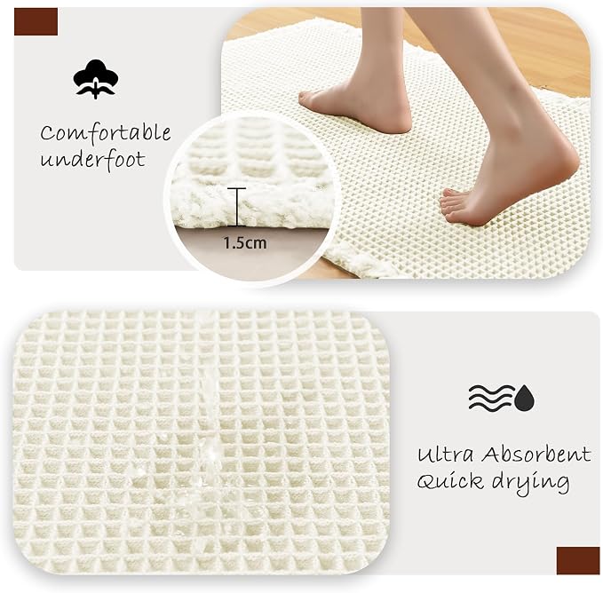 DWCN Waffle Bathroom Mat Set, Super Absorbent Non Slip Bath Rug Set for Bathroom Floor, Shower Mats 2 Piece for Tub, Washable Kitchen Rugs for Farmhouse Boho Decor, 20 x 32 Inch, Ivory