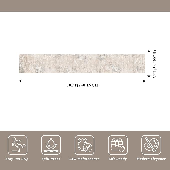 3x20 ft Extra Long Hallway Runner Rug - Non-Slip Washable Floor Runner with Rubber Backing, Modern Low Pile Thin Wide Carpet for Entryway, Kitchen, Living Room (Beige Grey, 3x20)