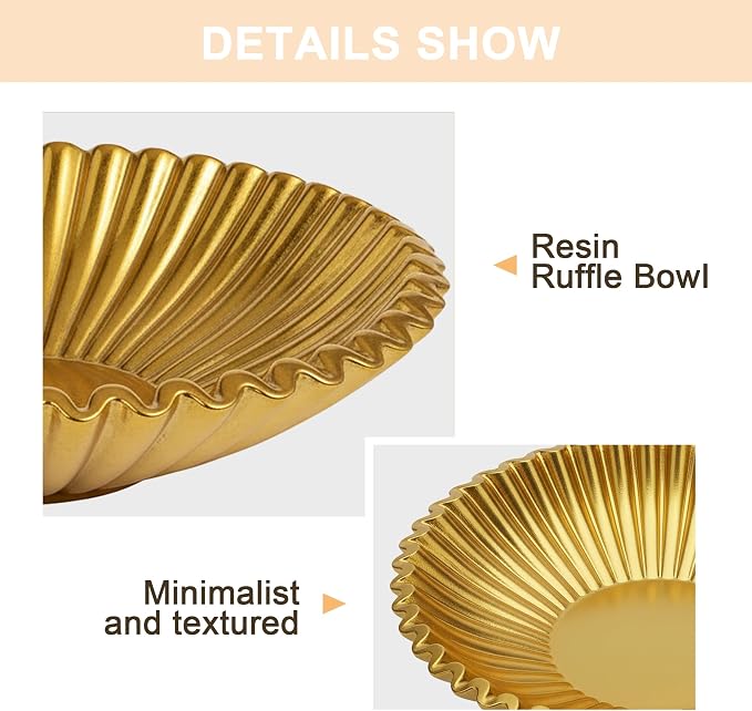 Gold Decorative Bowl - Stylish Resin Bowl - Key and Purse bowls for Entryway Table - Modern Accent Decor for Home - Ruffle Coffee Table Centerpiece (Gold, 10 inch)