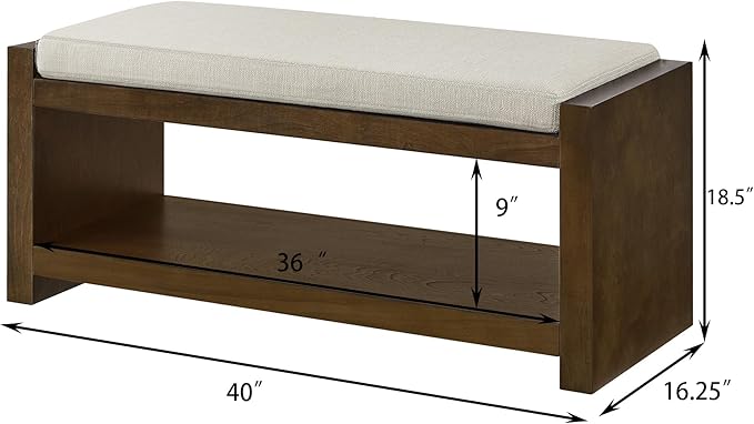 Accent Bench with Lower Shelf Shoe Rack, Padded Seating Bench for Living Room, Modern Compact Bed End Bench with Storage for Bedroom Seating, Removable Cushion (Beige, 40" L)