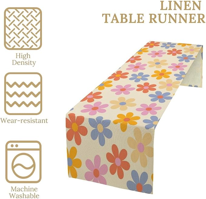 Retro Florals Table Runner Vintage Gardern Flower Hippie Groovy Seasonal Spring Farmhouse Country Dinner Runner for Home Kitchen Dining Table Party Holiday Decor 13"x120"