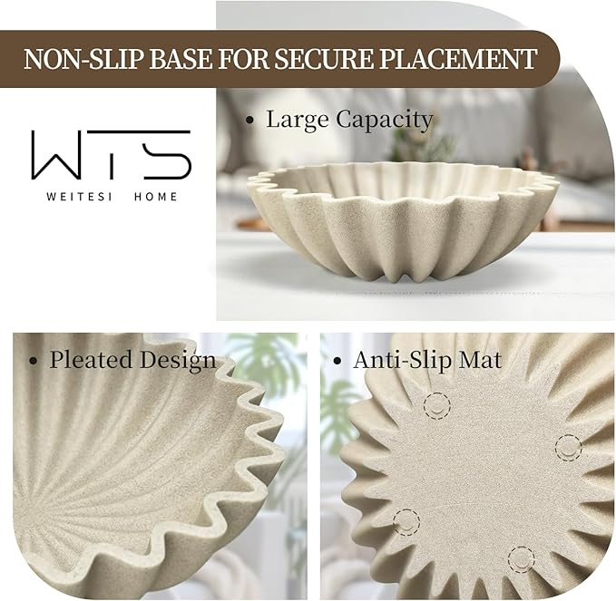 Decorative Fruit Bowl for Kitchen Counter, Large Decorative Bowl Modern Handicraft Bowl for Home Decor, Stylish Key Bowl for Entry Table, Coffee Table Decor, Home Decor Accent, Artificial Stone Beige