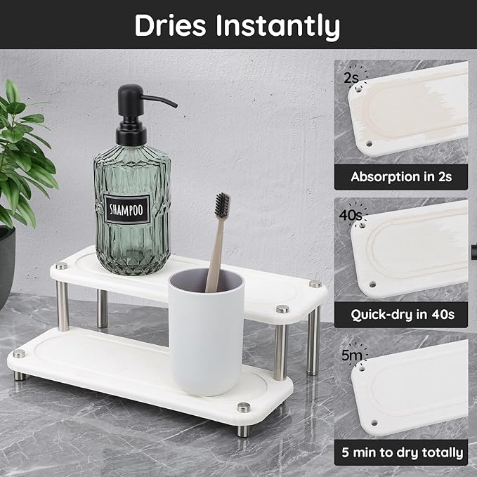 Segbeauty 2 Tier Instant Dry Counter Organizer, 11x4.3in Quick Dry Diatomaceous Earth Stone Drying Tray, Water Absorbing Stone Fast Drying Countertop Rack Sponge Soap Holder for Kitchen Bathroom White
