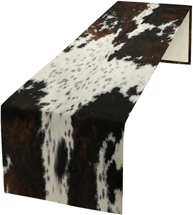 Cow Print Table Runner,Western Style Black Brown Cowhide Farmhouse Pattern Table Runner for Coffee Table Dining Room Table Bedroom Party Holiday Decor 13x36inch