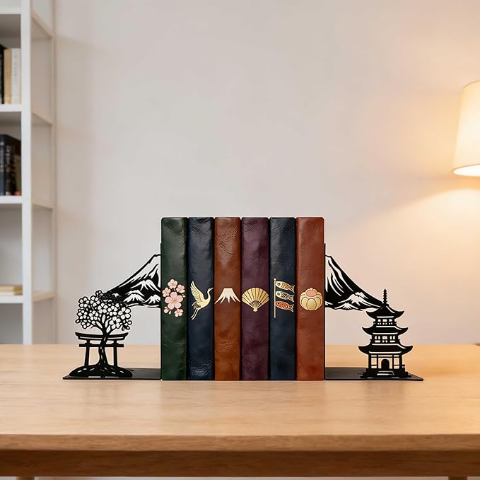 Matte Black Iron Decorative Bookends for Shelves, Fuji Mountain Sakura Design Book Ends Decorative, Book Ends for Heavy Books, Unique Bookends for Home Office Shelves, 7.9 x 1.2 x 5.9 Inches