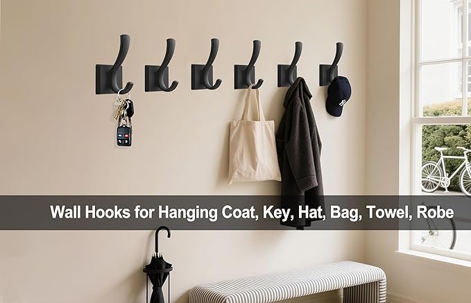 TOFIIGREM Black Wall Hooks Coat Hook, Towel Hooks Robe Hook for Bathroom, Entryway Mudroom Hooks for Hanging Coat Key Hat Backpack (8 Pack, Black)