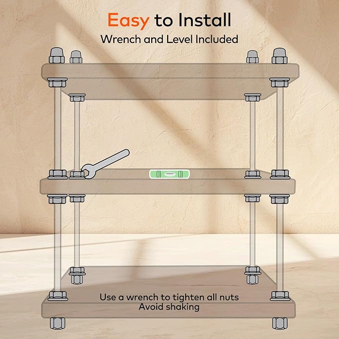 Ultra-Thick 24mm Solid Wood Coffee Station Organizer&Spice Rack for Kitchen Countertop, Corner Industrial 3-Tier Adjustable Shelf with 10mm 304 Thread Rods for Heavy Espresso Gear, Natural
