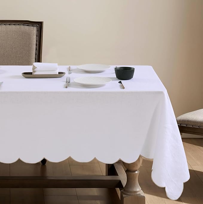 100% Pure Linen Scalloped Embroidery Rectangle Tablecloths 84Lx60W Inch for Dinners, Parties, Spring, Easter, Machine Washable, 6-8 Sets, 60''x84'', White(Edges-Gold)
