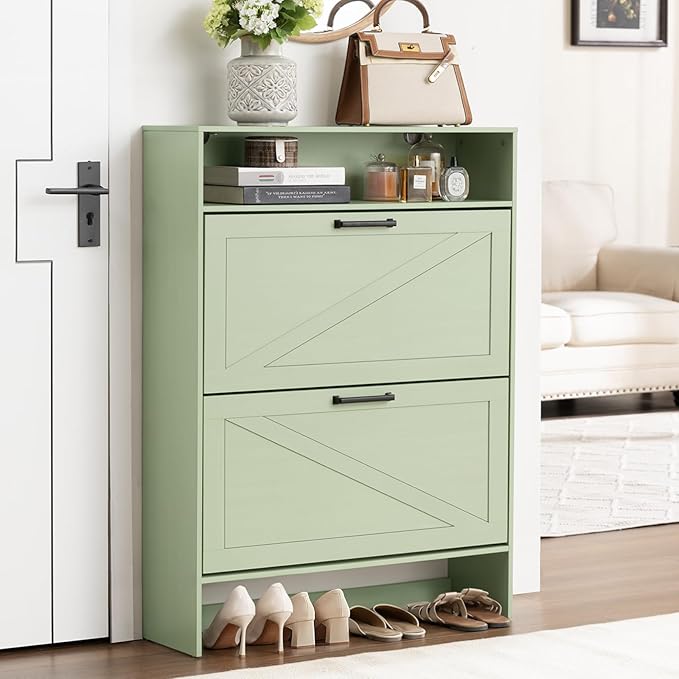 RWYHG Shoe Cabinet Storage for Entryway with 2 Flip Drawers Open Storage Layer Rack Narrow Organizer Slim Hidden Wood Shoe Cabinet Furniture Green