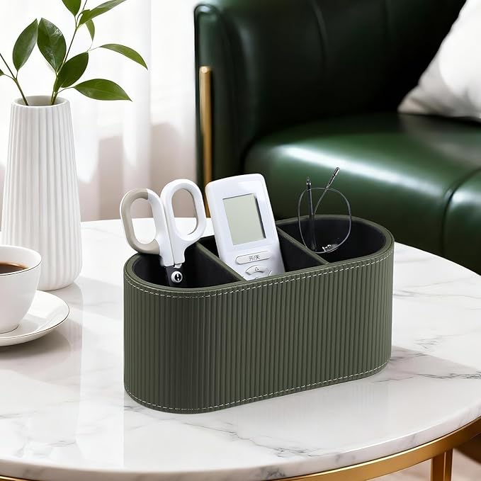 Aesthetic Remote Control Holder, PU Leather Remote Holder Desktop Organizers with 3 Compartments for Home Office Supplies and Accessories, Stylish Bedside Nightstand Organizer (Green)