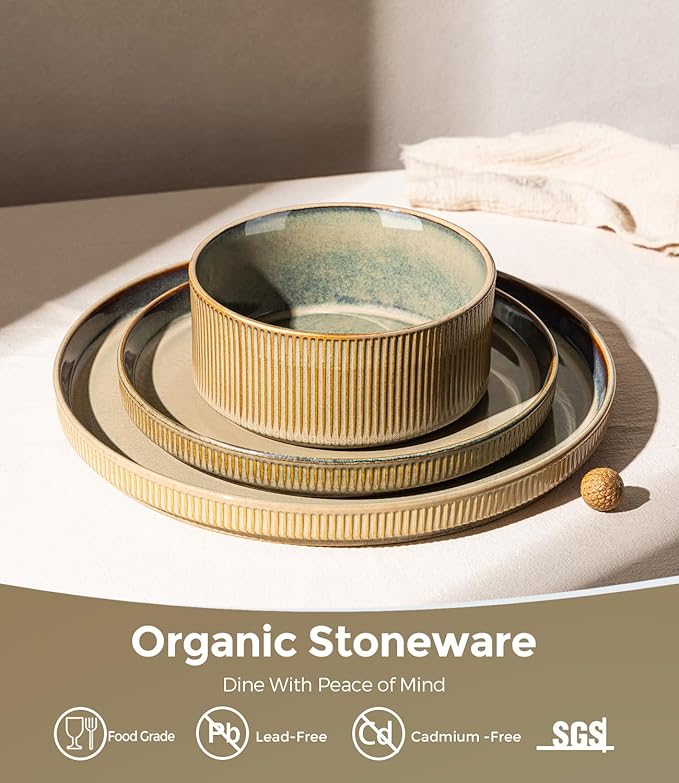 GBHOME Stoneware Dinnerware Sets for 4, 12 Pieces Ceramic Ribbed Plates and Bowls Set, Reactive Glaze Stackable Plate Sets, Scratch Resistant Dishes, Microwave & Dishwasher Safe, Pale Khaki