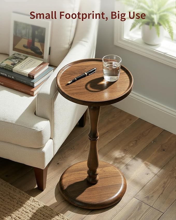 Relefree 12.6" Small Drink Table,Round Side Table with Thickened & Widened Pedestal Base,Martini Table with Waterproof Edge,Modern Solid Wood Tray Top End Table for Small Spaces,Corners,Walnut Pattern