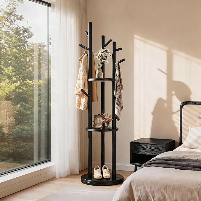 Solid Wood Rotary Coat Rack, Coat Rack Freestanding with 3 Storage Shelves & 9 hooks, Coat Tree for Entryway, Livingroom, Bedroom, Coat Hanger Stand for Coats, Scarves, Handbags, Hat (Black)