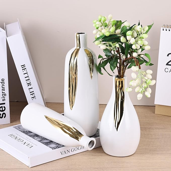 White and Gold Ceramic Vase Set of 3, Ceramic Vase Set for Decorative, White and Gold Single Stem Vases for Centerpieces Nightstand Kitchen, Boho Farmhouse Home Decoration