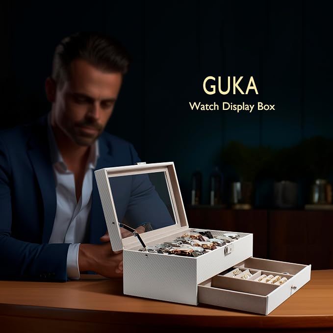 GUKA Watch Box, 12 Slot Watch Case, Watch Cases for men with Real Glass Lid, Synthetic Leather Watch Organizer storage with Jewelry Case, Birthday for Men and Women, White, GK-012-WTC