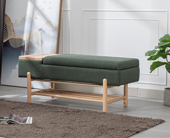 Shunzhi Modern Entryway Storage Bench, Upholstered Shoe Ottoman Bench, Flip-Top End of Bed Bench with Wood Shelf/Coffee Table for Living Room/Bedroom/Hallway/Under Window,46.5 Inches,Green Linen