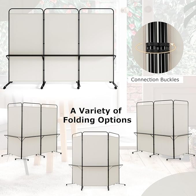 Giantex 3 Panel Room Divider with Wheels and Shelves, 103" W x 74" H Folding Privacy Screen, Rolling Partition Separator for Home Office Studio, Fabric Wall Divider for Room Separation (Beige)