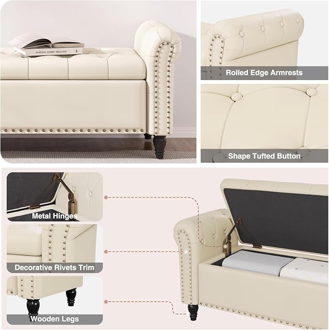 Bedroom Bench, End of Bed Bench with Storage, 55-Inch Bed Benches for Foot of Bed, Faux Leather Window Bench, Upholstered Storage Bench with Tufted Button and Nailhead Trim, Rolled Arms, Cream White