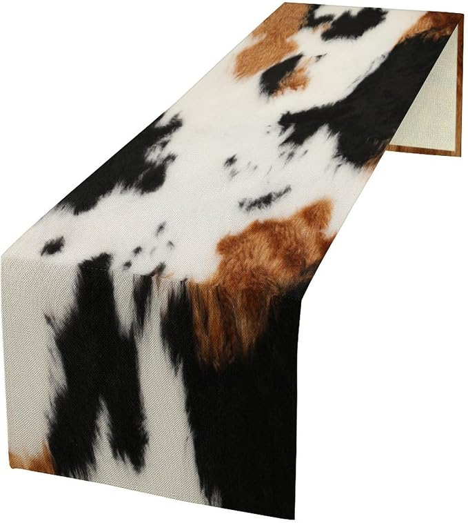 Cowhide Table Runne Vintage Cow Print 3D Rustic Theme Animal Fur Skin Farm Dining Table Decoration for Kitchen Dining Room Holiday Party Decor 13x36in