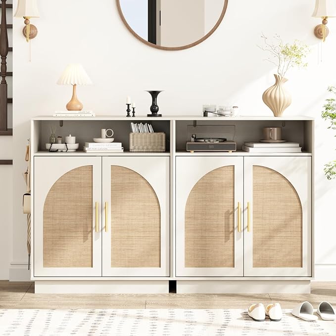 HOKYHOKY Set of 3 Rattan Shoe Storage Cabinet with 2 Arched Doors, 5-Tier Wood Shoe Organizer with Adjustable Shelves, Farmhouse Boho Shoe Rack Cabinet for Entryway,Rustic White