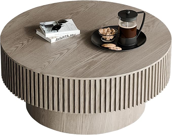 31.5" Storage Coffee Table Round Modern Coffee Table for Living Room, Circle Wood Center Tea Table Drum Accent End Table, with Hidden Space & Sturdy Base & Minimalist Fluted Side, Grey