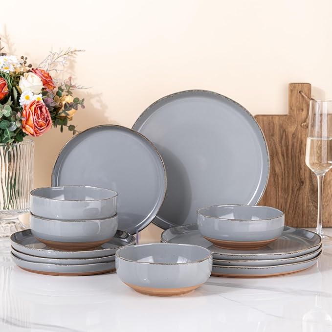 AmorArc Ceramic Dinnerware Sets for 4, 12 Pieces Handpainted Plates and Bowls Set with Rustic Terracotta Underside, Scratch Resistant Stoneware Dishes Set, Dishwasher & Microwave Safe