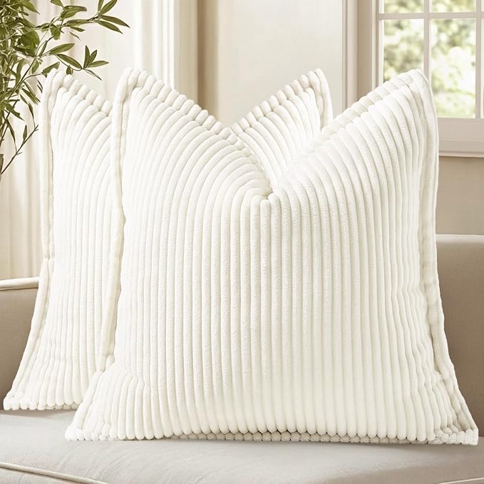 decorUhome Summer Corduroy Pure White Euro Sham Throw Pillow Covers 26x26 Set of 2 Decorative Soft Boho Farmhouse Couch Pillow Covers for Living Room Bed Sofa Broadside Striped Pillow Cases