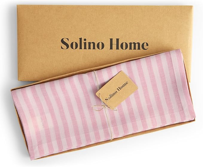 Solino Home Linen Table Runner 156 Inches Long - Amalfi Stripe, 100% Pure Linen Cherry Blossom and White Table Runner 14 x 156 Inch for Dining, Summer