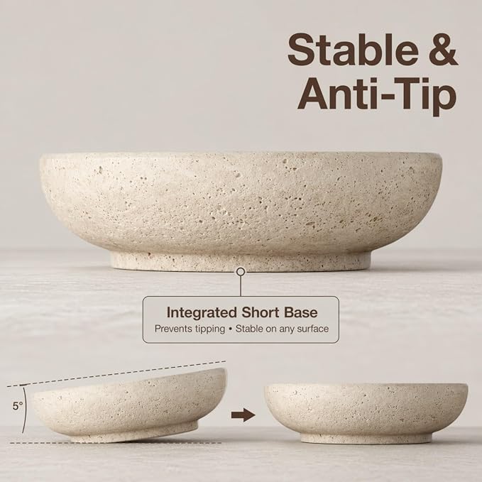 Natural Travertine Decorative Bowl 7.8", Fruit Bowl for Kitchen Counter & Natural Stone Centerpiece for Coffee Table Decor, For Entryway, Kitchen Fruit Bowl, Potpourri, Dining Table Centerpiece.