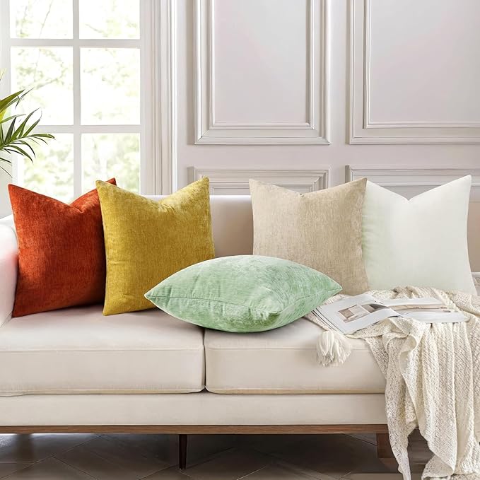 decorUhome Chenille Beige Throw Pillow Covers 22x22 Inch Set of 2, Decorative Soft Couch Pillow Covers Solid Dyed Accent Farmhouse Neutral Square Pillow Cases for Sofa