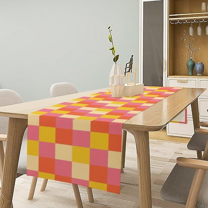 70s Hippie Table Runner Orange Yellow Pink Vintage Geometric Table Runner 1960s Retro Country Dinner Runner for Living Room Kitchen Party Holiday Dinner Home Decor 13x120in