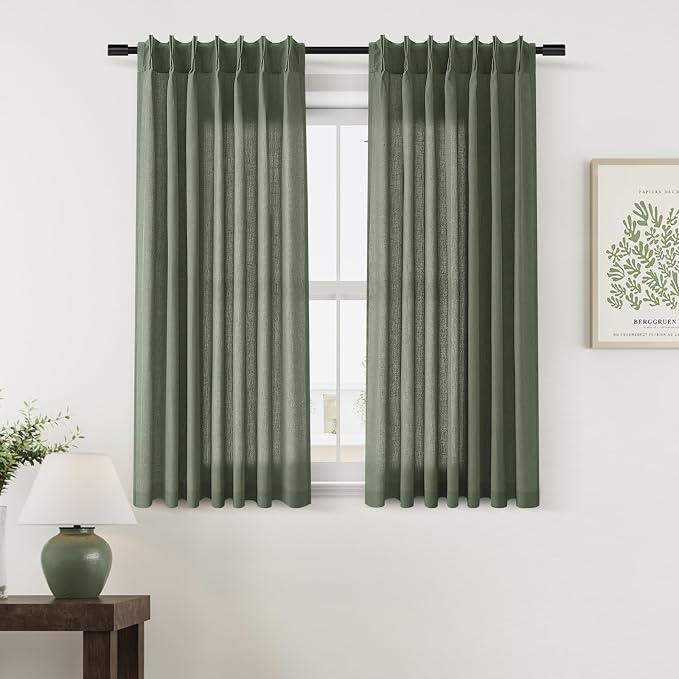 Aersas Olive Green Pinch Pleat Linen Curtains 45 Inch Long for Kitchen Pleated with Hooks Back Tab Light Filtering Boho Farmhouse Short Semi Sheer 45 Inch Cafe Curtain for Dining Room RV Small Window