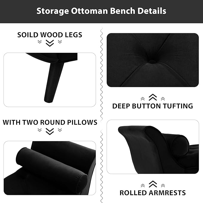 Velvet Storage Bench for Bedroom End of Bed with 2 Pillow, Upholstered Button Tufted Storage Ottoman Bench Footstool Rolled Arm Solid Wood Legs for Entryway Living Room Dining Room (Black)